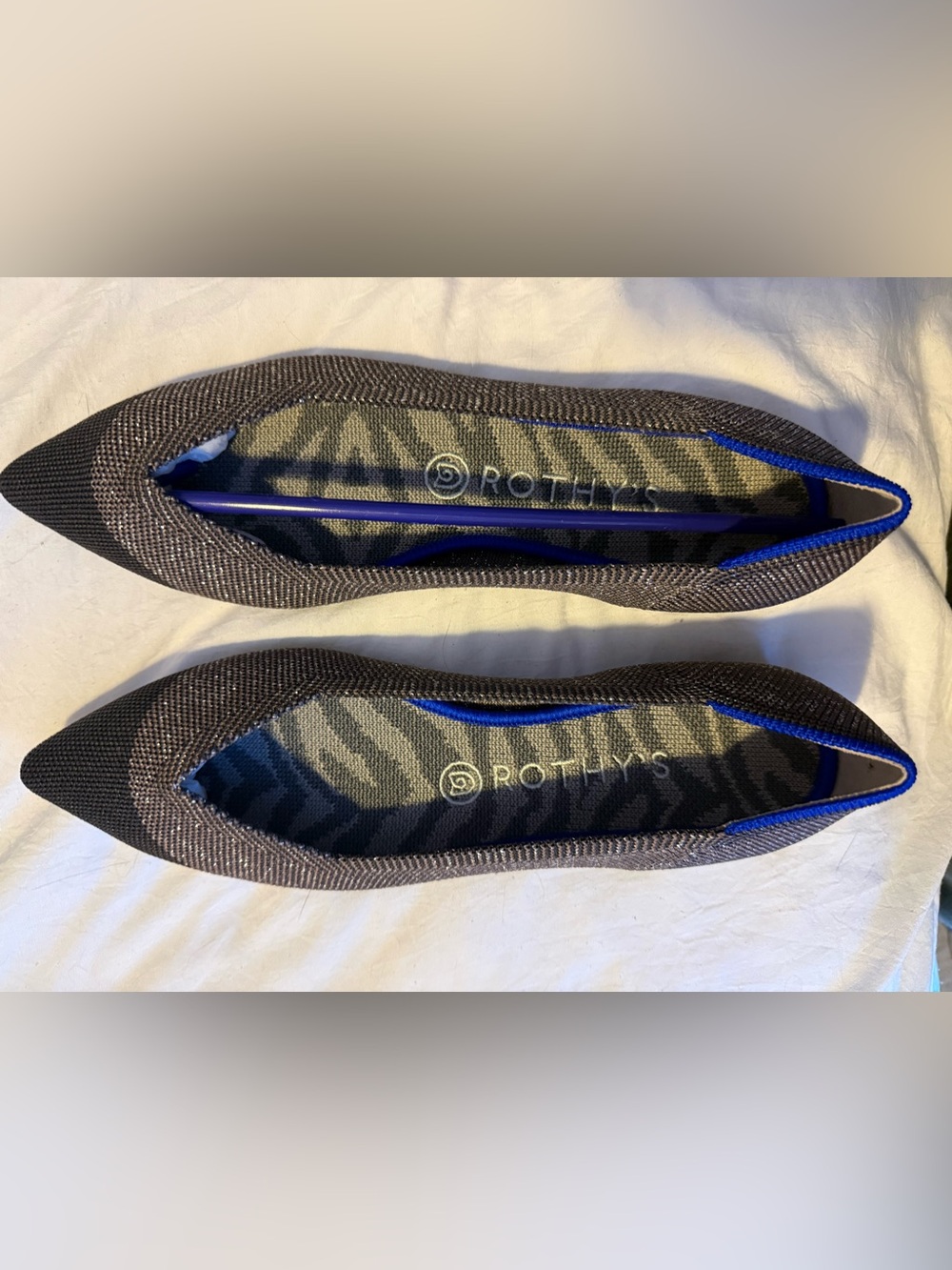 Rothy's Black Knit Flats with sparkle fabric and Blue sole